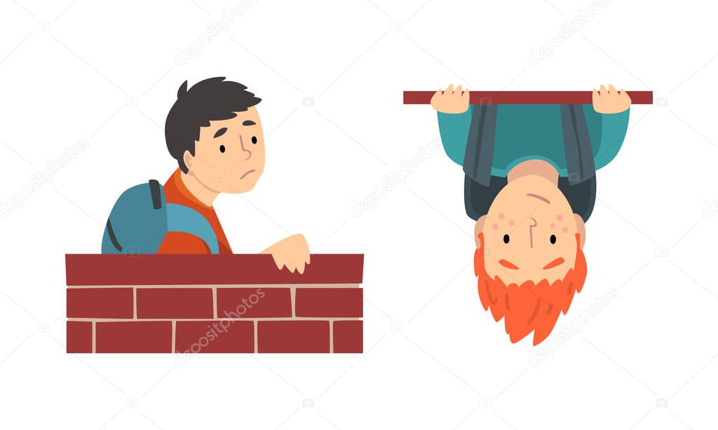 Boy with Backpack Looking Out From Brick Wall and Hanging Upside Down Vector Set