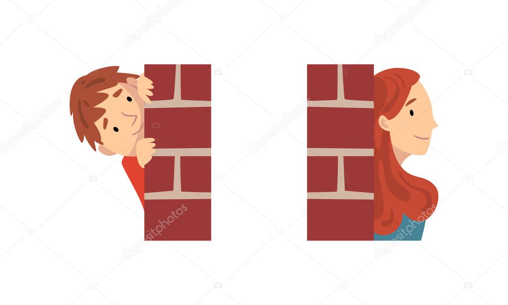 Man and Woman Looking Out From Brick Wall Corner Vector Set