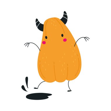 Tatlı Turuncu Balkabağı Karakteri Boynuzlarıyla Puddle 'da Su Sıçratarak Cadılar Bayramı' nda eğleniyor