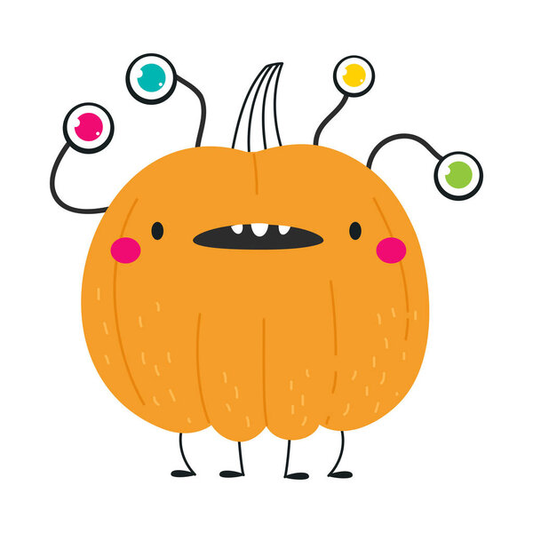 Cute Orange Pumpkin Character with Many Eyes Having Fun at Halloween Holiday Vector Illustration