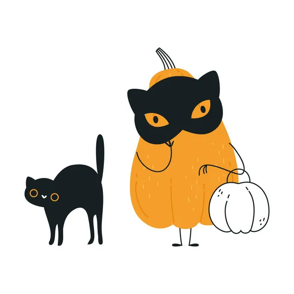 Niedliche orangefarbene Kürbisfigur in schwarzer Maske und mit Katze, die Spaß an Halloween hat — Stockvektor
