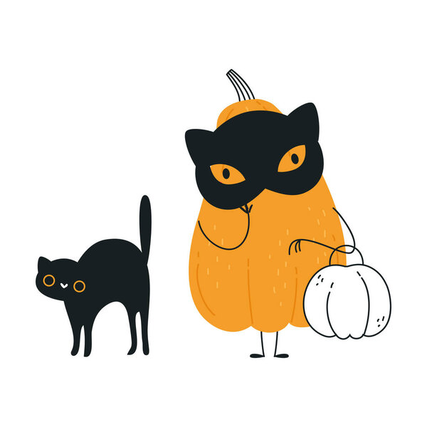 Cute Orange Pumpkin Character in Black Mask and with Cat Having Fun at Halloween Holiday Vector Illustration