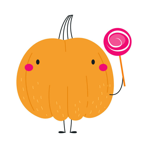 Cute Orange Pumpkin Character with Lollipop on Stick Having Fun at Halloween Holiday Vector Illustration