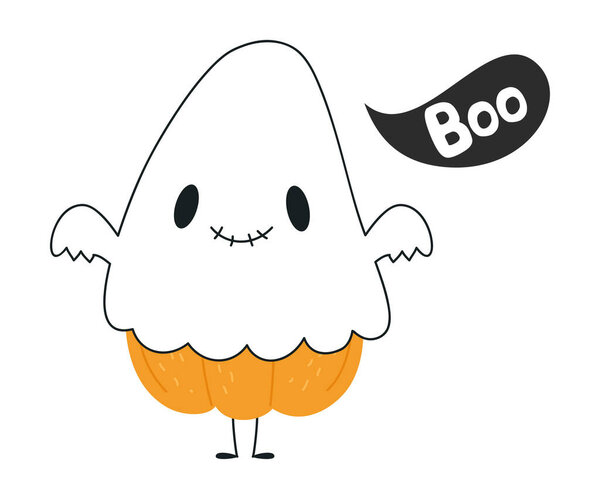 Cute Orange Pumpkin Character Wearing Ghost Costume Having Fun at Halloween Holiday Vector Illustration