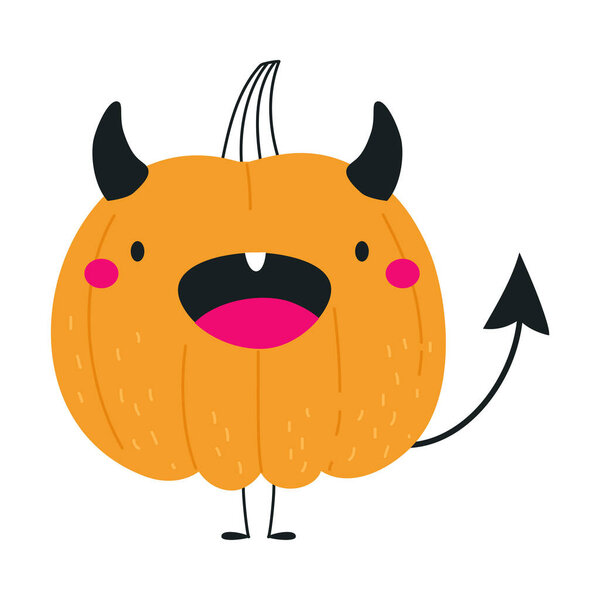 Cute Orange Pumpkin Character with Devil Horns and Tail Having Fun at Halloween Holiday Vector Illustration