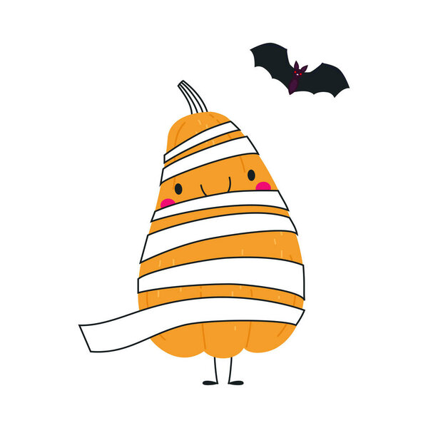 Cute Orange Pumpkin Character Wrapped in White Strap Having Fun at Halloween Holiday Vector Illustration