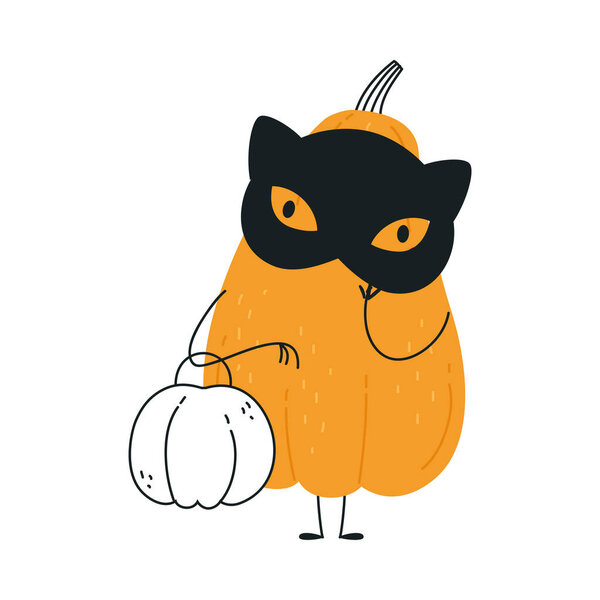Cute Orange Pumpkin Character Wearing Black Mask Having Fun at Halloween Holiday Vector Illustration