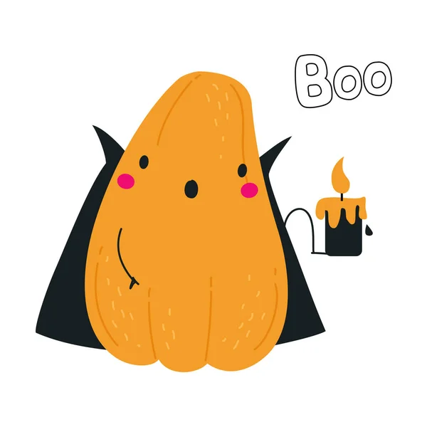 Söt Orange Pumpa Karaktär i Svart Cape med ljus Ha kul på Halloween Holiday Vector Illustration — Stock vektor