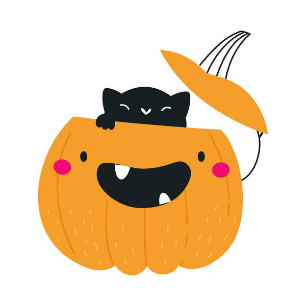 Cute Orange Pumpkin Character with Cut Top and Peeped Out Black Cat Having Fun at Halloween Holiday Vector Illustration