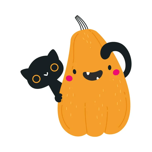 Χαριτωμένο πορτοκαλί κολοκύθα χαρακτήρα και μαύρη γάτα κρυφοκοίταξε από πίσω έχοντας διασκέδαση στο Halloween διακοπές διανυσματική εικονογράφηση — Διανυσματικό Αρχείο