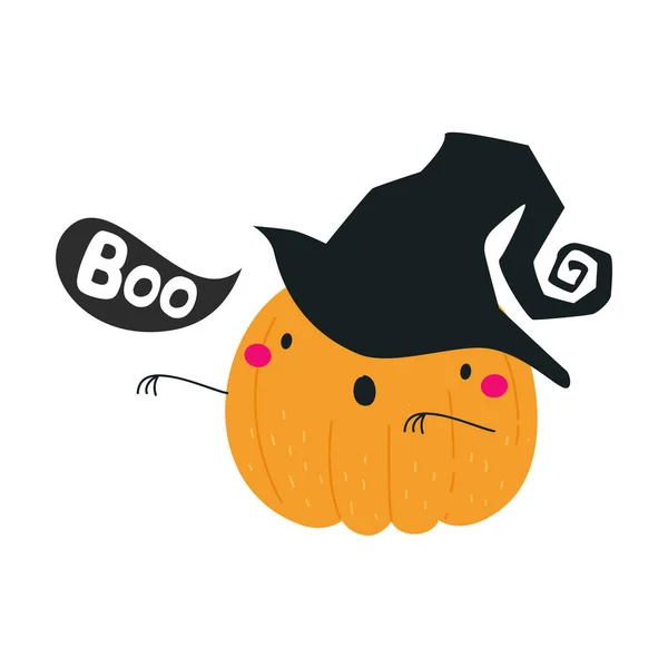 Personagem de abóbora laranja bonito em chapéu de bruxa pontiagudo se divertindo no Halloween Holiday Vector Ilustração — Vetor de Stock