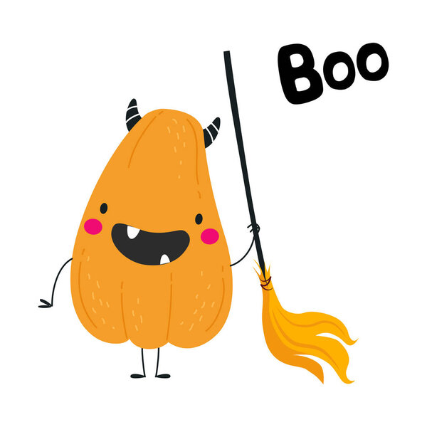 Cute Orange Pumpkin Character with Broomstick Having Fun at Halloween Holiday Vector Illustration