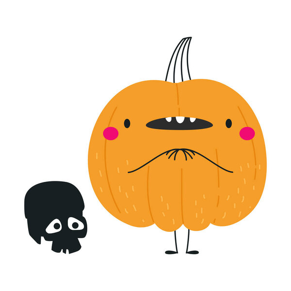 Cute Orange Pumpkin Character with Skull Having Fun at Halloween Holiday Vector Illustration