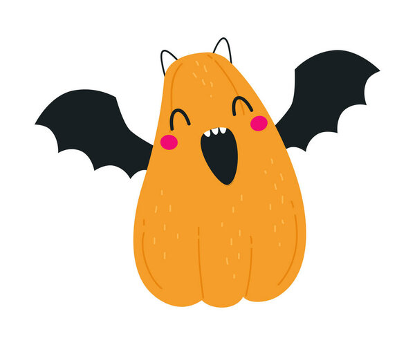 Cute Orange Pumpkin Character with Bat Wings Having Fun at Halloween Holiday Vector Illustration