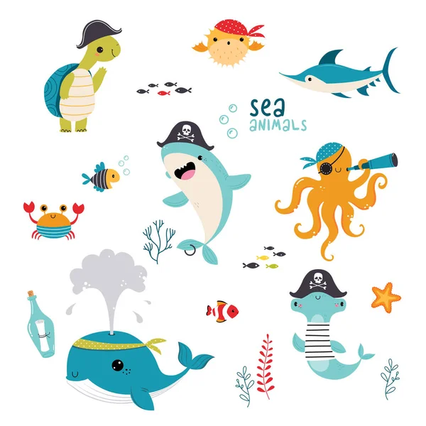 Cute Sea Animals in Pirate Hat and Bandana Floating Underwater Vector Set — Stockový vektor