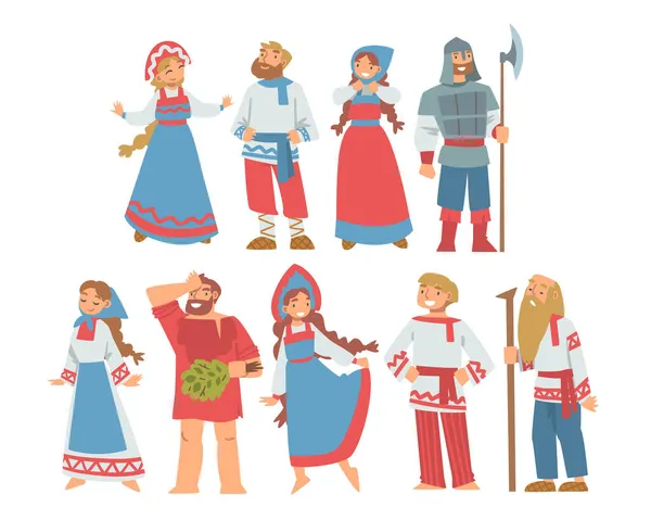 Etnik Giyim Vektörü Dizisinde Slav veya Slavonya Halkı Karakteri — Stok Vektör