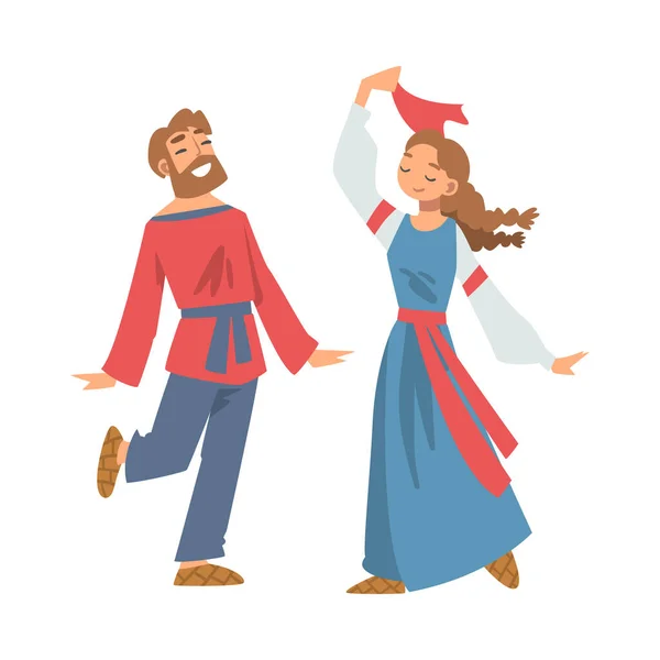 Slav or Slavonian Man and Woman Character in Ethnic Clothing and Straw Shoes Dancing Vector Illustration — Stock Vector