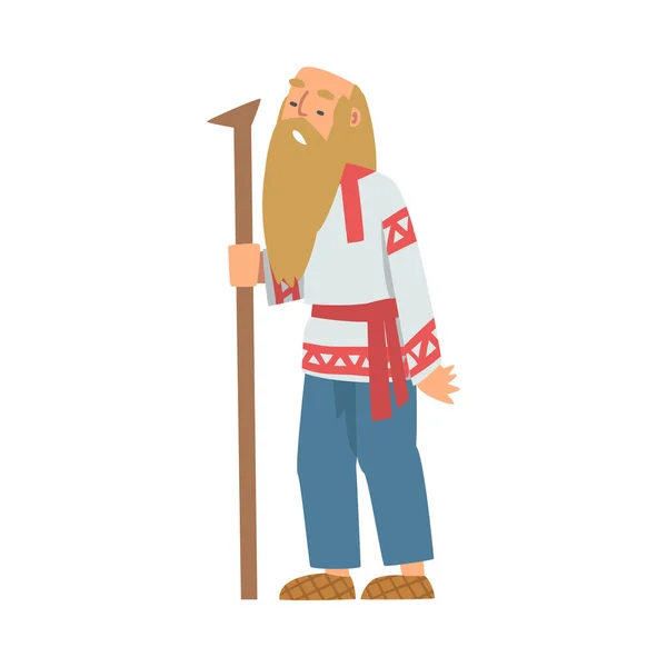 Slav or Slavonian Senior Man Character in Ethnic Clothing with Stick Vector Illustration — Stock Vector