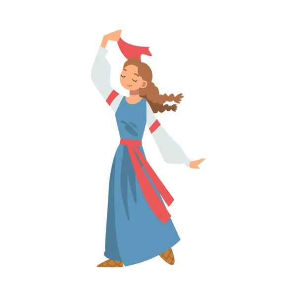 Slav or Slavonian Woman Character in Ethnic Clothing Dancing Waving with Red Kerchief Vector Illustration — Stock Vector