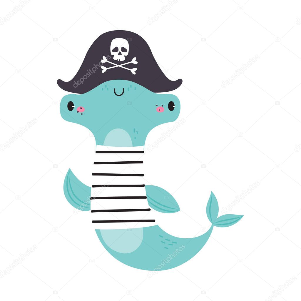 Cute Hammerhead as Sea Animal in Pirate Hat and Striped Vest Floating Underwater Vector Illustration