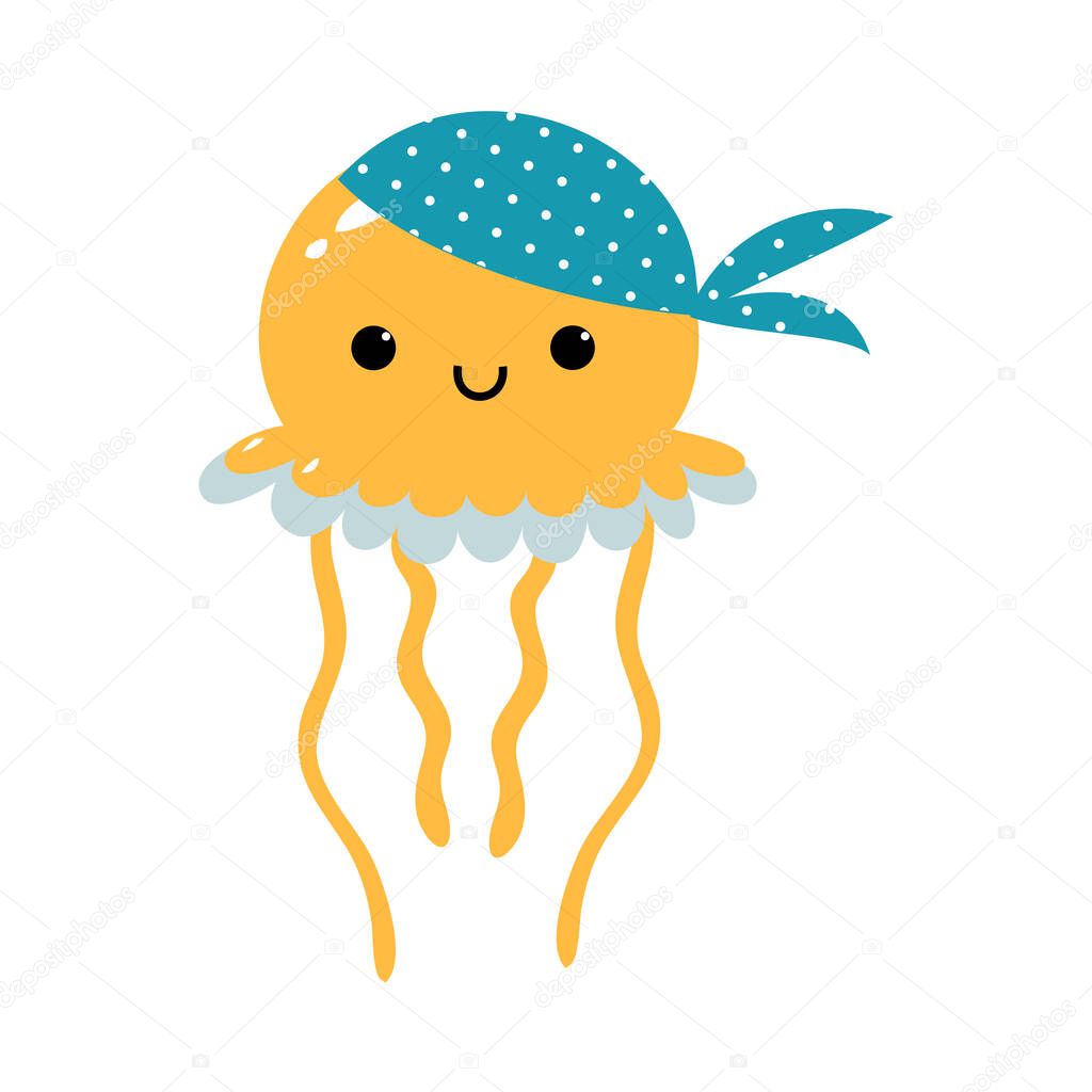 Cute Yellow Jellyfish as Sea Animal in Bandana Floating Underwater Vector Illustration