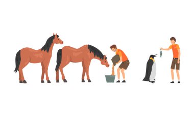 Hayvan Bakıcısı Hayvan Vektörü Takviminin Beslenmesi ve Günlük Bakımına Başladı