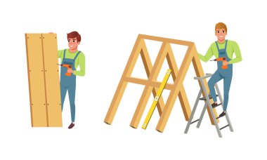 Elektrikli matkap vektörü setiyle Ahşap Kalaslar Kurulumunda Profesyonel Marangoz