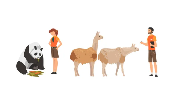 Man and Woman Zookeeper Engaged in Feeding and Daily Care of Animal Vector Set — Stock Vector