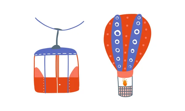 Воздушный шар и фуникулер в качестве транспортного средства для перевозки векторного набора пассажиров — стоковый вектор