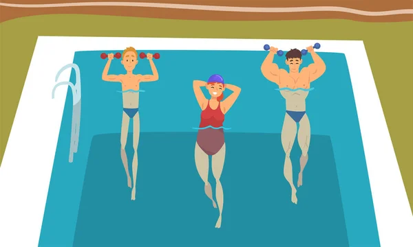 Молодий чоловік і жінка з тумбочками в басейні для плавання роблять фізичні вправи Вектор сет сет — стоковий вектор