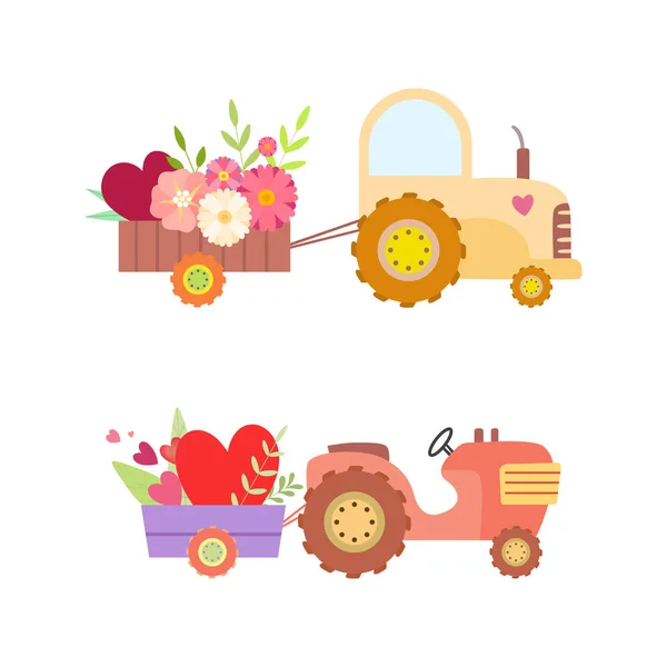Tracteur mignon avec chariot plein de fleurs et de coeurs ensemble vectoriel — Image vectorielle