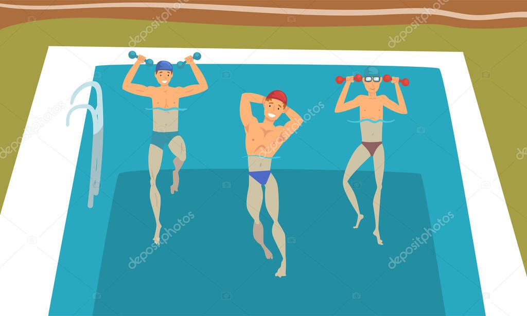 Young Man with Dumbbells in Swimming Pool Doing Physical Exercise Vector Set