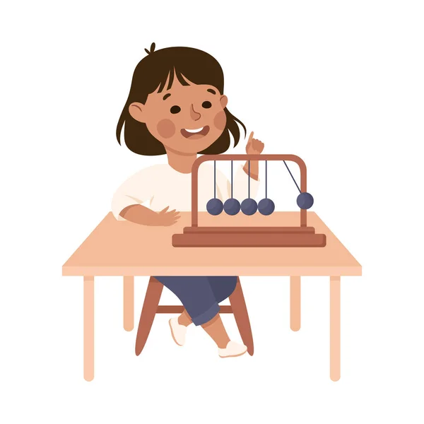 Petite fille travaillant sur des expériences de sciences physiques avec illustration vectorielle pendule — Image vectorielle