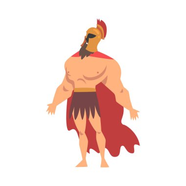 Spartan Muscular Man in Red Cloak and Helmet Standing Vector Illustration clipart