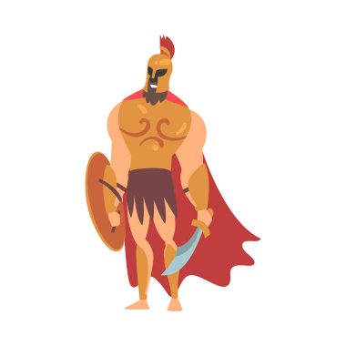 Spartalı Adam Kırmızı Pelerinli ve Miğferli Kılıç ve Kalkan Ayakta Kalan Vektör Resimleriyle donatılmış