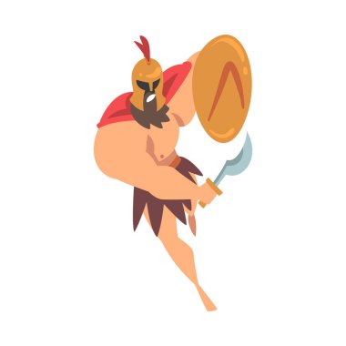 Spartalı Adam Kırmızı Pelerinli ve Miğferli Kılıç ve Kalkan Saldırısı Vektör Resimleriyle donatılmış