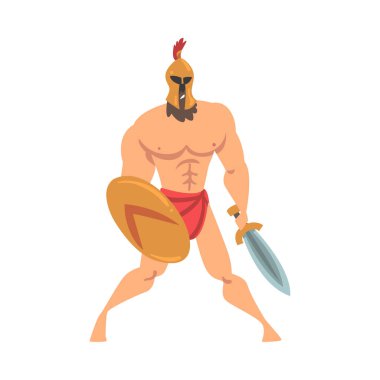 Spartan Man in Helmet Armed with Sword and Shield Attacking Vector Illustration clipart