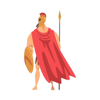 Spartan Man in Red Cloak and Helmet Armed with Spear and Shield Standing Vector Illustration clipart