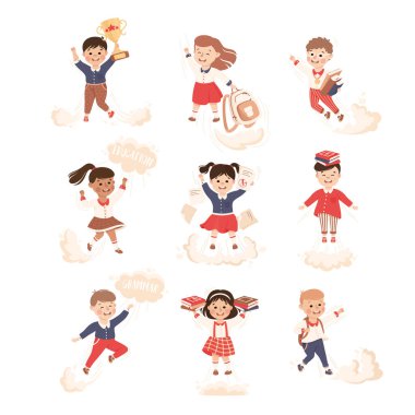 Okuldaki Süper Kahraman Çocuk İleri Uçuyor Hedefe Ulaşılıyor ve Bilgi Vektörü Seti