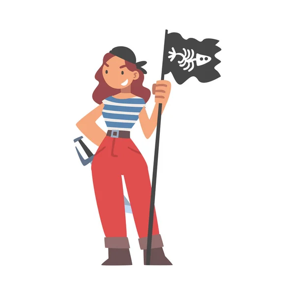 Brutal Woman Pirate or Buccaneer Character with Black Flag and Sabre as Marine Robber Vector Illustration — Stock Vector