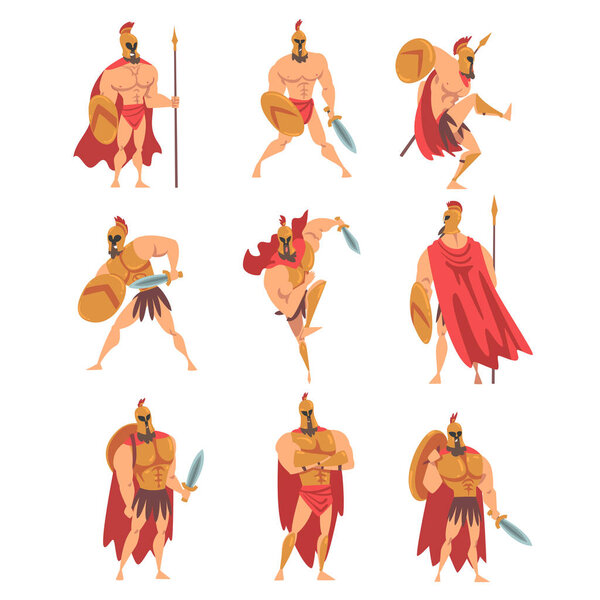 Spartan Man in Red Cloak and Helmet Armed with Spear and Shield Standing and Attacking Vector Set