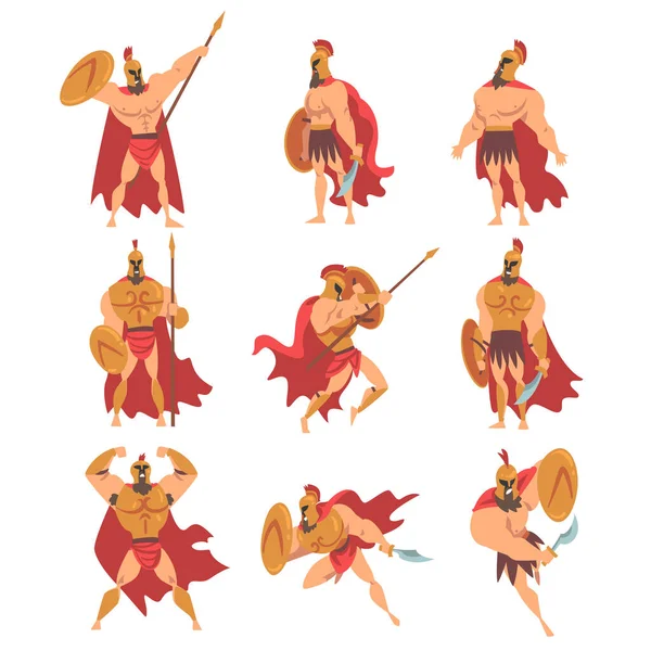 Spartan mann i rød kappe og hjelm bevæpnet med Spear og skjold stående og angripende vektorsett – stockvektor