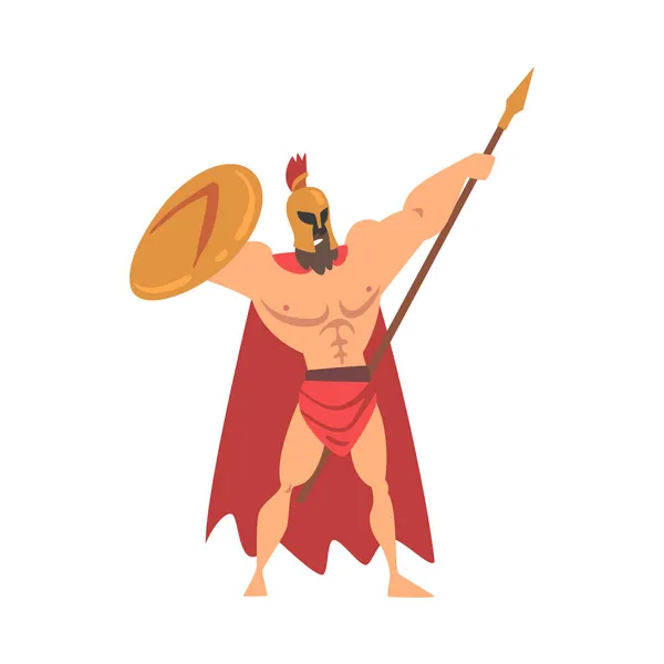 Spartan Man in Red Cloak and Helmet Armed with Spear and Shield Standing with Raised Arms Vector Illustration — Stock Vector