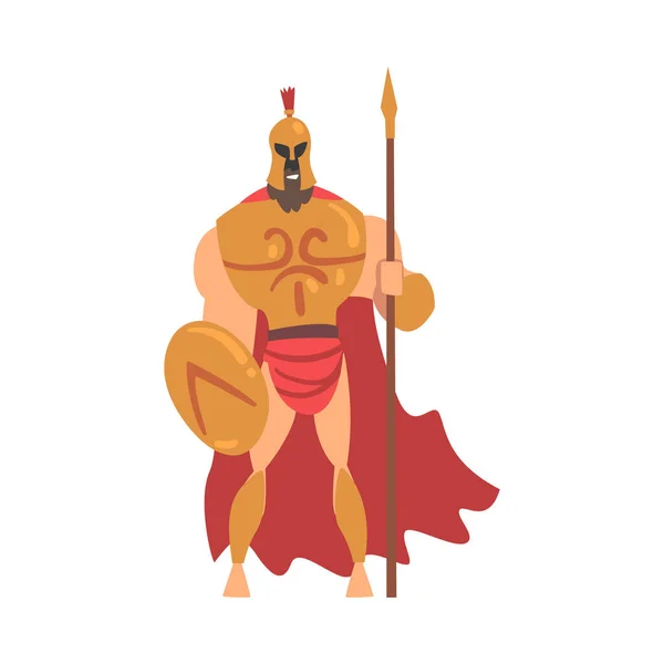 Spartan Man in Red Cloak and Helmet Armed with Spear and Shield Standing Vector Illustration — Stock Vector