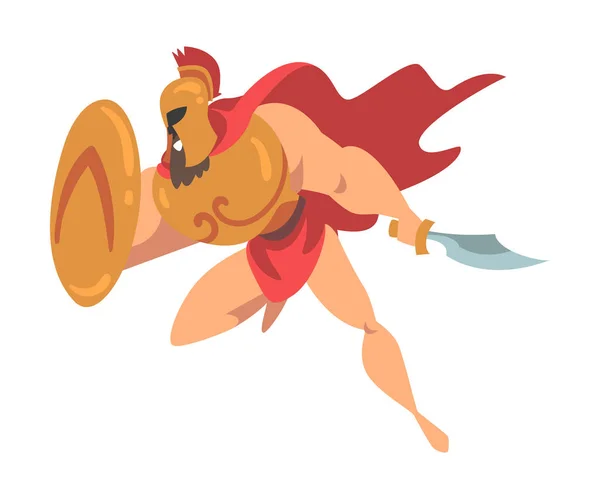 Spartan Man in Red Cloak and Helmet Armed with Sword and Shield Attacking Vector Illustration — Stock Vector