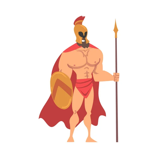 Spartan Man i röd mantel och hjälm beväpnad med spjut och sköld stående vektor Illustration — Stock vektor