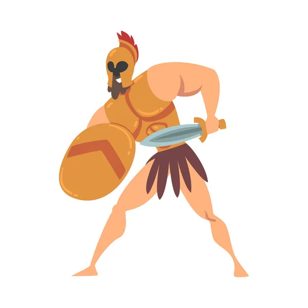 Spartan Man in Helmet Armed with Sword and Shield Attacking Vector Illustration — Stock Vector