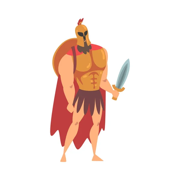 Spartan Man in Red Cloak and Helmet Armed with Sword and Shield Standing Vector Illustration — Stock Vector