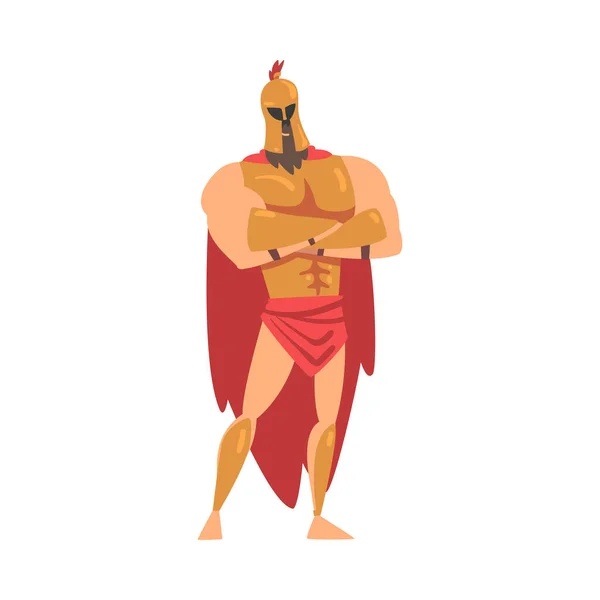 Spartan Man in Red Cloak and Helmet Standing with Folded Arms Vector Illustration — Stock Vector