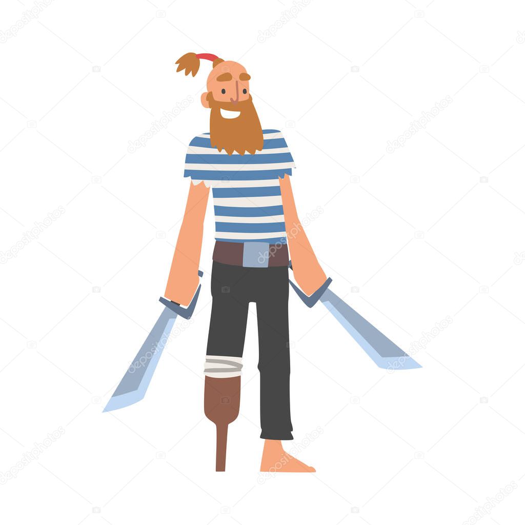 Bearded Man Pirate or Buccaneer Character with Sabre and Wooden Leg as Marine Robber Vector Illustration